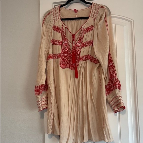 Free People Boho Cream and Red Embroidered Dress - Picture 3 of 3